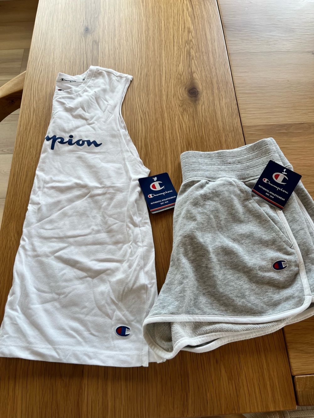 Champion White Tank Top with Navy Logo & Light Gray Shorts